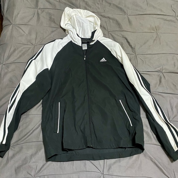 Ladies Adidas Black & White Lightweight Windbreaker Hoodie Size Large - Picture 1 of 9